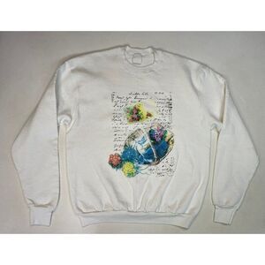 VINTAGE Floral Flower Graphic Crewneck Sweatshirt Women Large White USA 90s